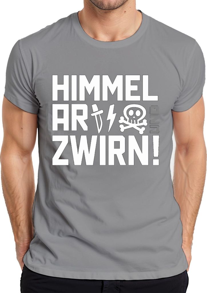 Himmel Arsch und Zwirn frech lustig Totenkopf Punk Blitz Messer Herren T-Shirt, Grau, M