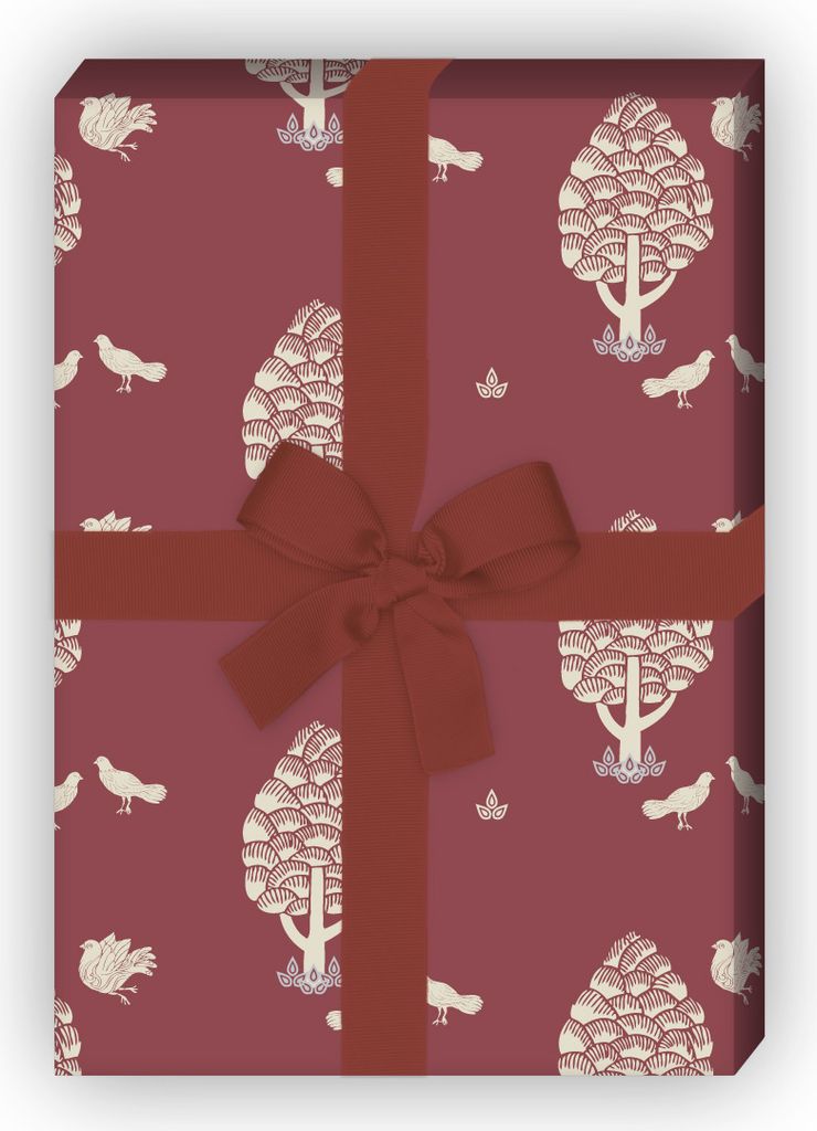 Edles Geschenkpapier Bäumen und Tauben, rot braun - G7284, 32 x 48cm