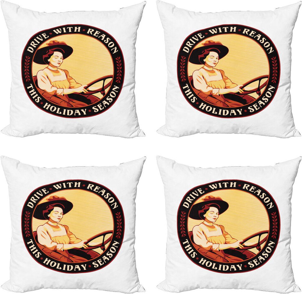 ABAKUHAUS Weinlese-Frau Kissenbezug Set (4 Stück), Fahrer Frauen, Moderner Doppelseitiger Digitaldruck, 40 cm x 40 cm, Mehrfarbig