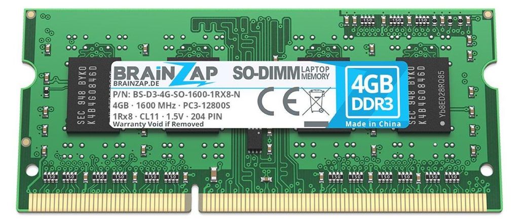 BRAINZAP 4GB DDR3 RAM SO-DIMM PC3-12800S 1Rx8 1600 MHz 1.5V CL11 Notebook Laptop Arbeitsspeicher