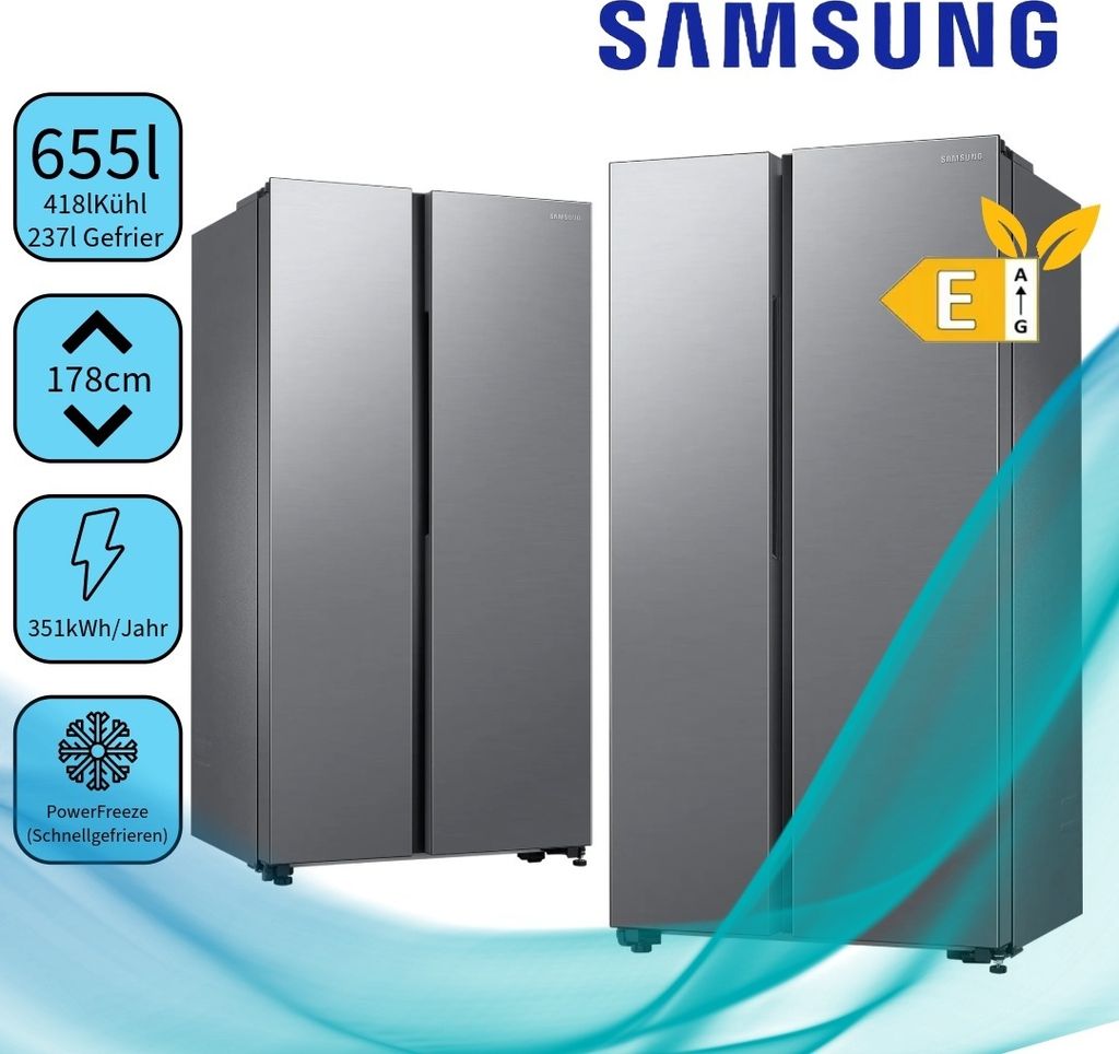 Collage advertising a Samsung refrigerator with feature icons and energy rating.