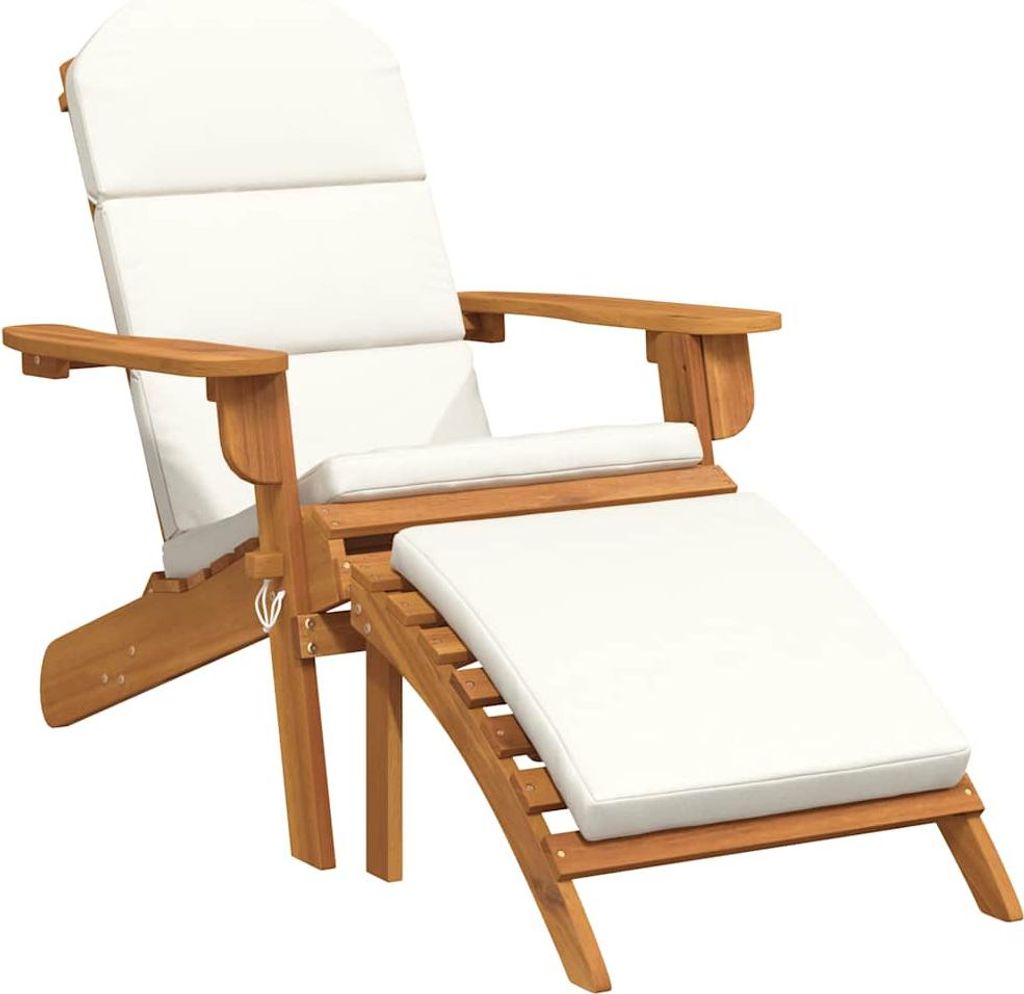 A wooden Adirondack chair with a white cushion and a matching footrest, shown against a white background.