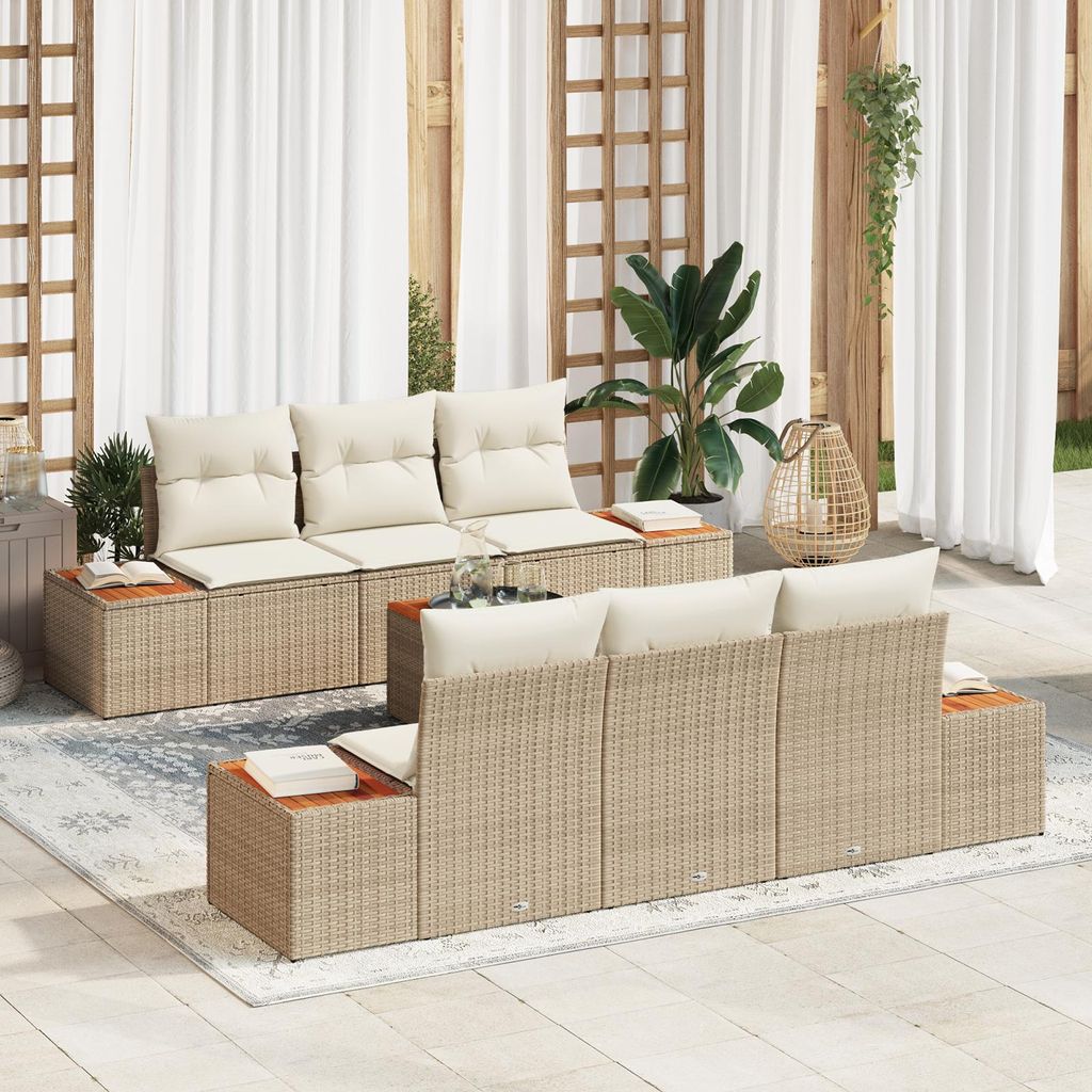 Eleganten-Stil Gartenlounge Set 7-teiliges Garten-Sofa-Set mit Kissen Beige Poly-Rattan Akazie - Terassenmöbel Gartenmöbel DE2044080
