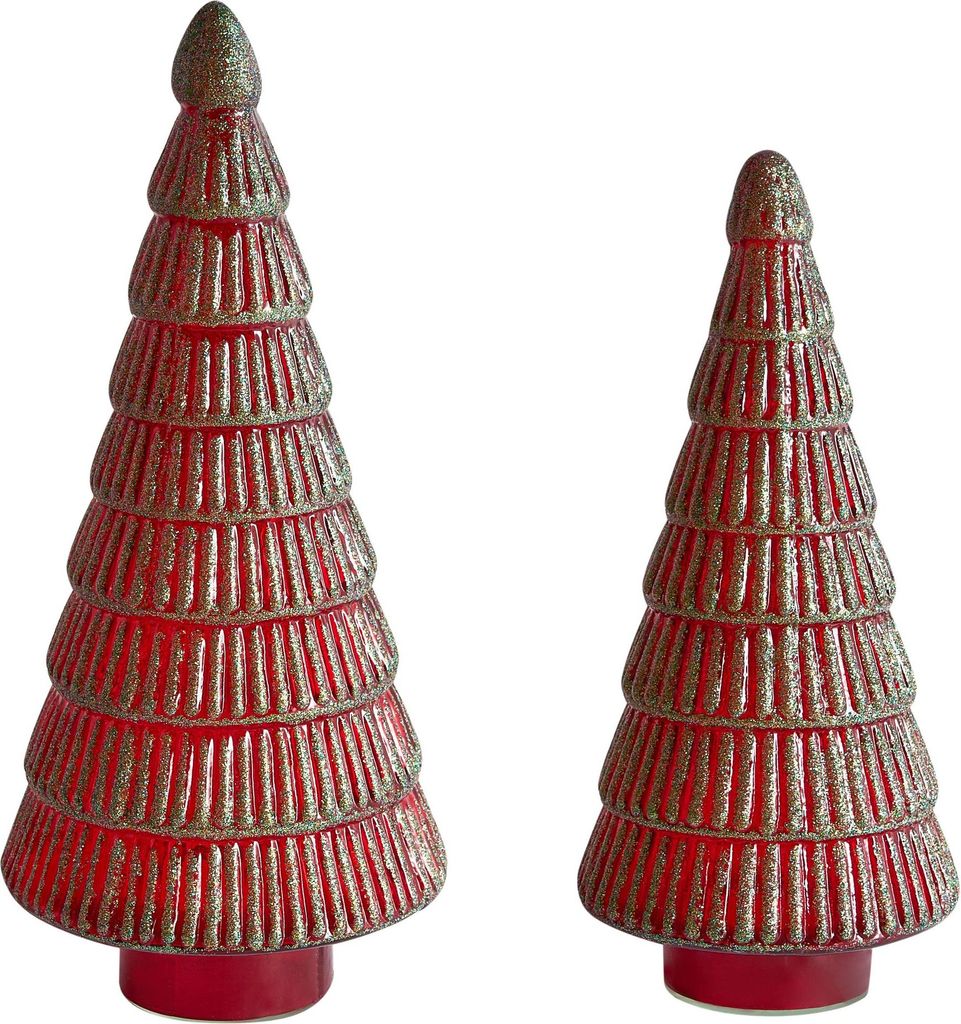 BELIANI Dekorative Figuren Set aus 2 Stück Grüne und rote Weihnachtsbäume aus Glas Festliche Dekoration Handgefertigt 2 verschiedene Größen
