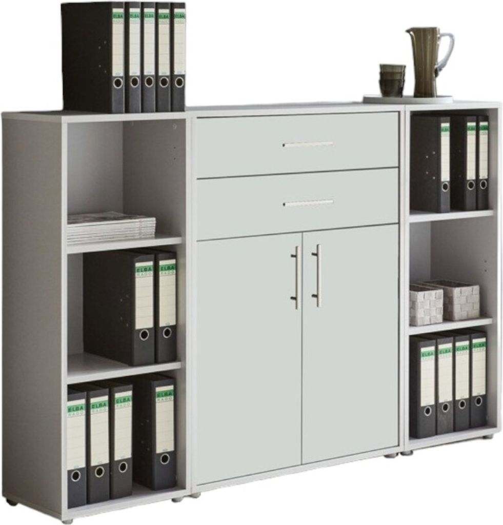 Aktenschrank TABOR 13 in lichtgrau / weiß matt, Schrankwand, Büroschrank, abschließbar, Metallgriffe