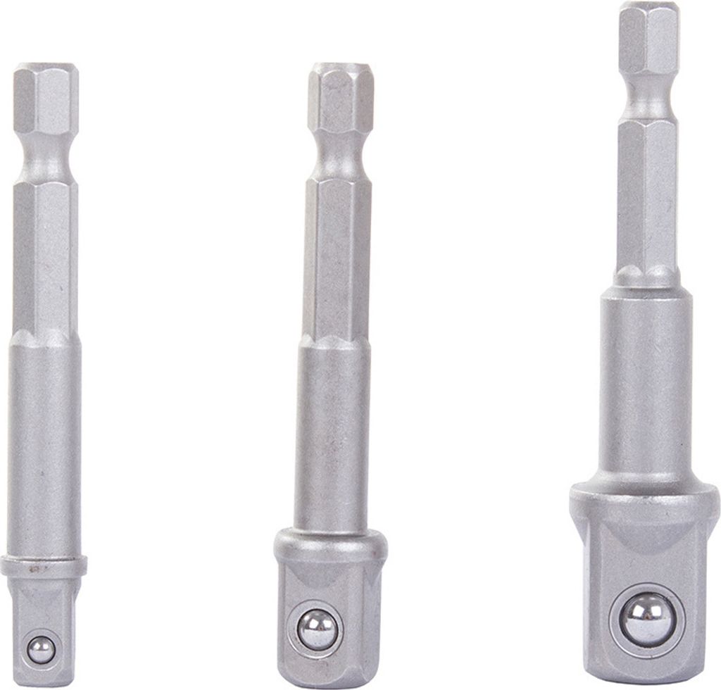 Three metal socket adapters are displayed against a white background.