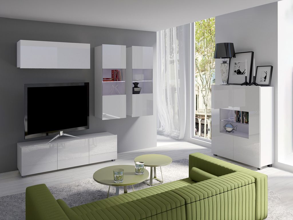 Wohnzimmer-Set CALABRINI-6 Wohnwand Hängewohnwand Schrankwand mit LED-Beleuchtung TV-Schrank Vitrine Kommode Moderne Anbauwand Hochglanz (Weiß)