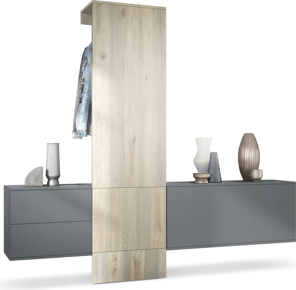 Vladon Garderobe Carlton Set 1, Germany, Flur-Garderobe aus Deko-paneel, Schubladen-Kommode & Schuhschrank, Anthrazit matt / Eiche Nordic (209 x 19...