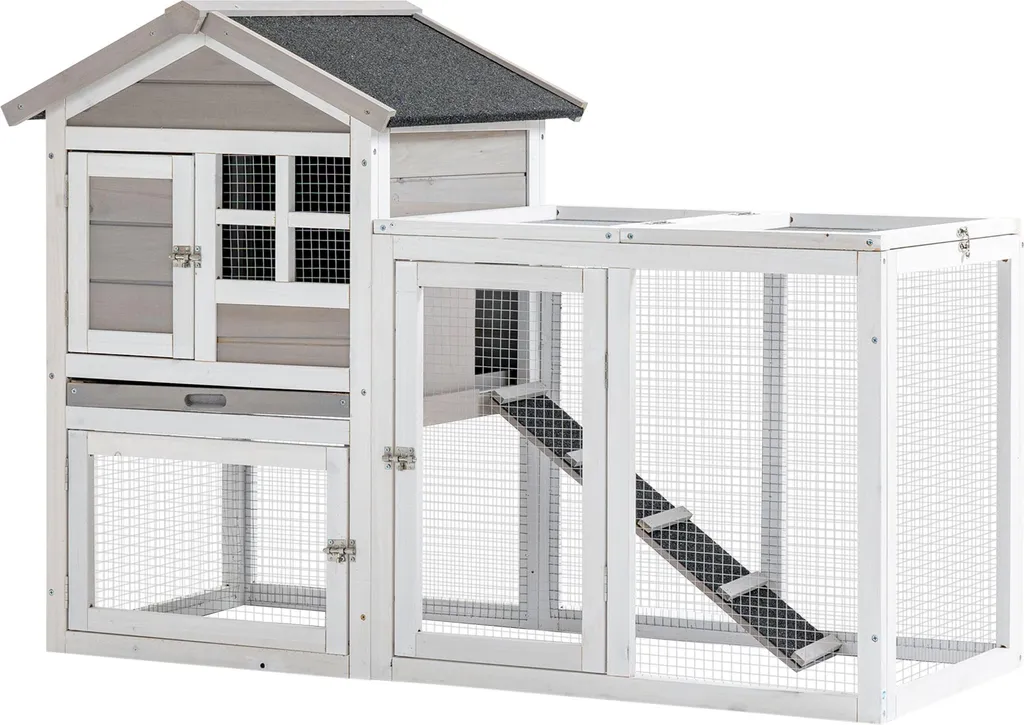 PawHut Clapier à Lapins en Bois de Sapin 128L x 64l x 92H cm Blanc et Gris