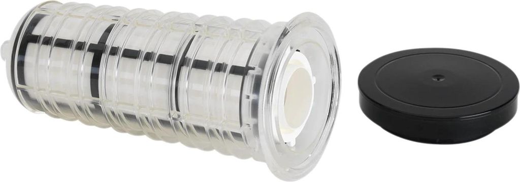 A clear product shot of a water filter element and its cap on a white background.