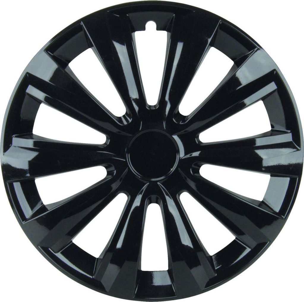 A black car wheel cover is shown against a white background.
