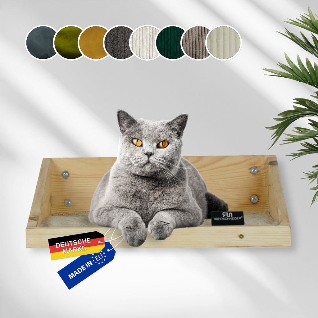 Rohrschneider Katzentreppe Wand | EU | Kletterwand Katzen mit waschbarem Kissen o. Stoffeinlage | Kiefernholz | Natur | belastbar bis 30 kg | B 40 ...