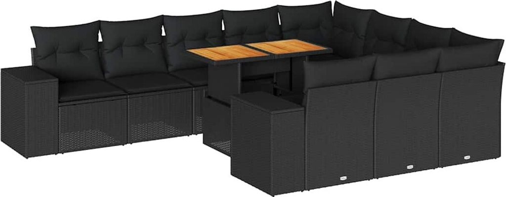 10-tlg. Garten-Sofagarnitur mit Kissen Schwarz Poly Rattan