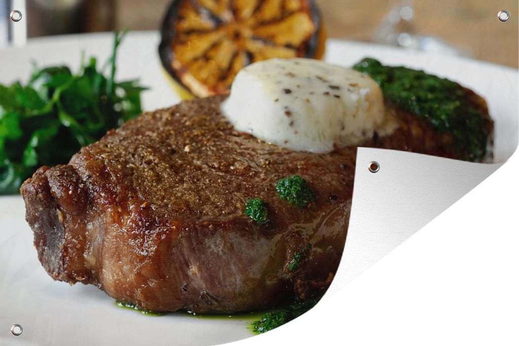 MuchoWow 90x60 cm Outdoor-Poster Gartendeko Sichtschutz Garten Poster für den Garten Steak mit grüner Kräutersauce und Butter