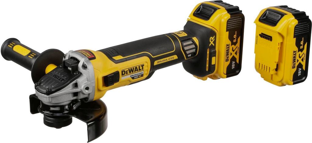 A DeWALT angle grinder with two batteries and a charger, shown against a white background.