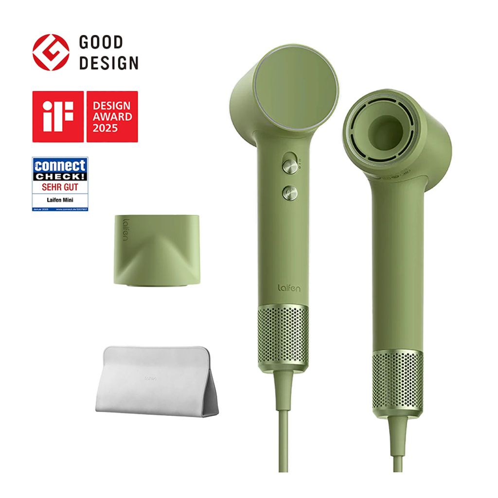 A product shot of a green Laifen Mini high-speed hair dryer with accessories and awards.