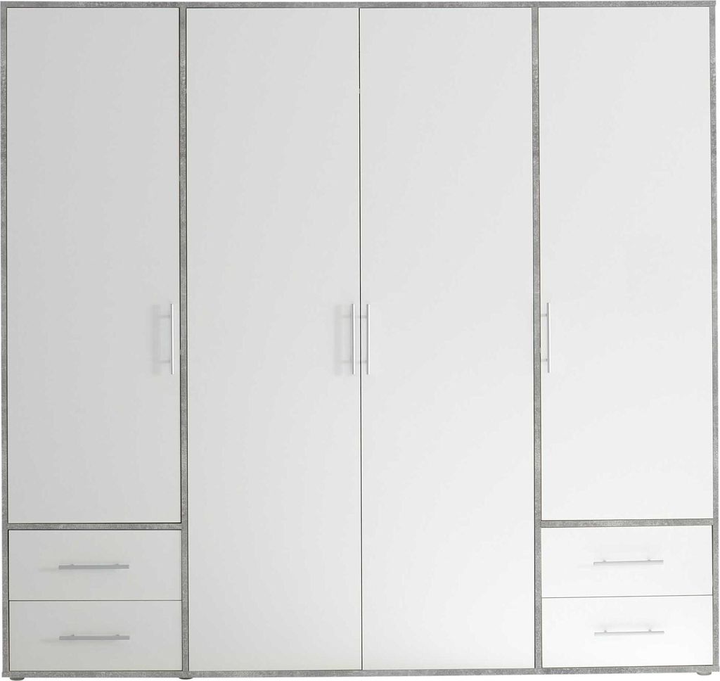 Kleiderschrank Valencia - 206x60x195cm - 4 Türen und 4 Schubladen - weiß/Betonoptik