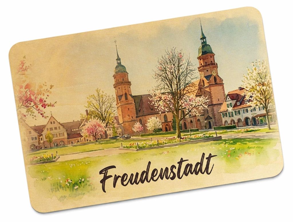 Aquarellkirche Freudenstadt Postkarte aus Holz mit Kirschblüten