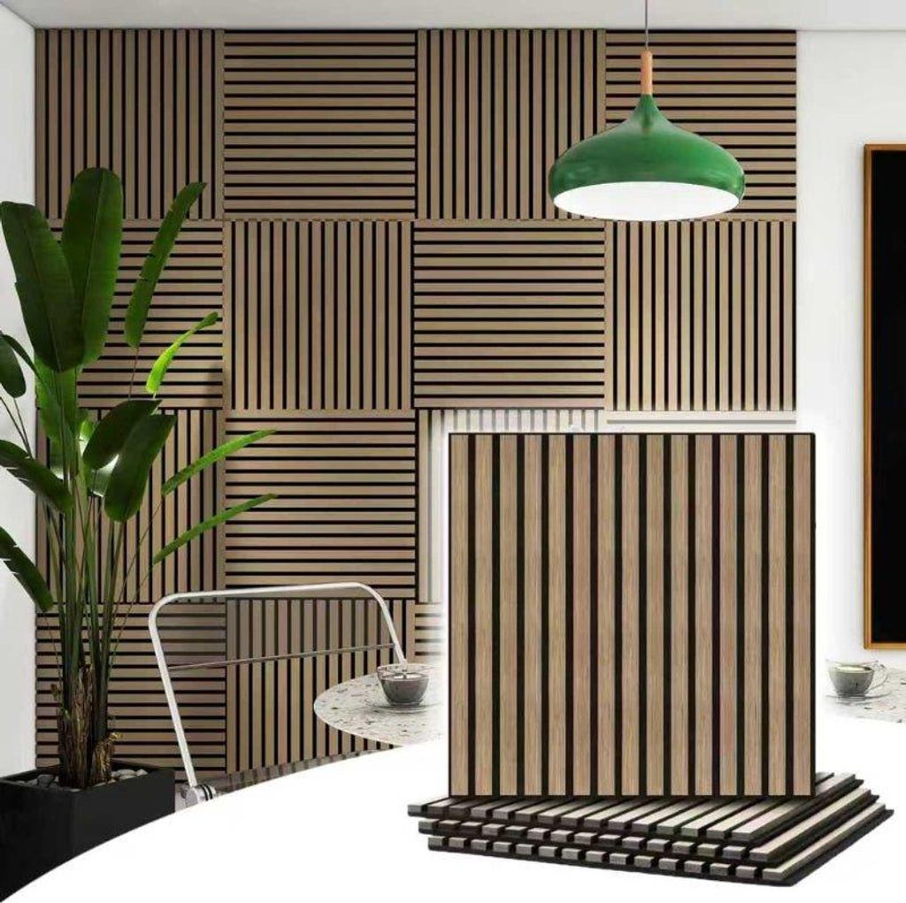 2er-Set Akustik Wandpaneele Holz 60x60x2,2cm - Walnuss-Finish - Schwarzer Hintergrund
