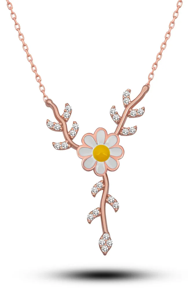 Collier marguerites en argent 925 émail blanc et plaqué or rose - 45cm