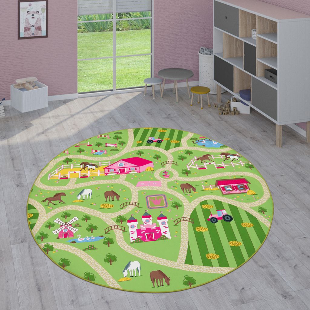 Kinder-Teppiche, Kurzflor-Teppiche für Kinderzimmer mit vers. Designs Spielteppiche Bunt Grösse 200 cm Rund