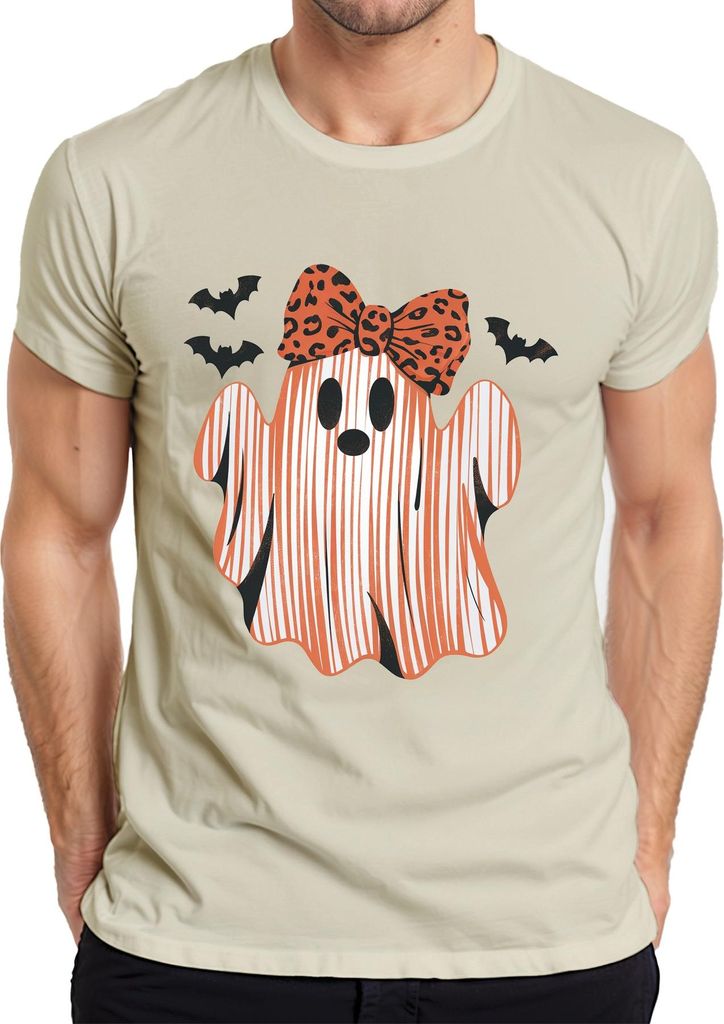 Halloween Geist Süßer Leopardenschleife Kinder Mädchen Gestreift Herren T-Shirt, Natur, M
