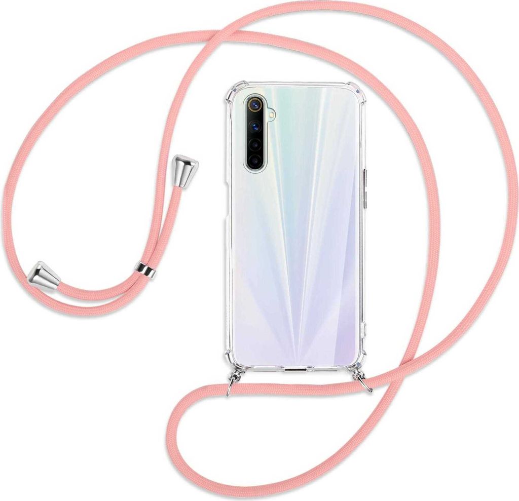 Handykette Backcover-Schutzhülle mit Band (Metall silberfarben) für Realme 6 / 6S - rosa