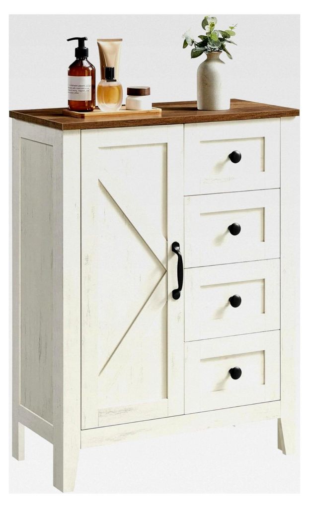 LIRY Kollektion - Aufbewahrungsschrank im Landhausstil mit 4 Schubladen und Tür, freistehender Schrank, verstellbare Ablagen, vintageweiß