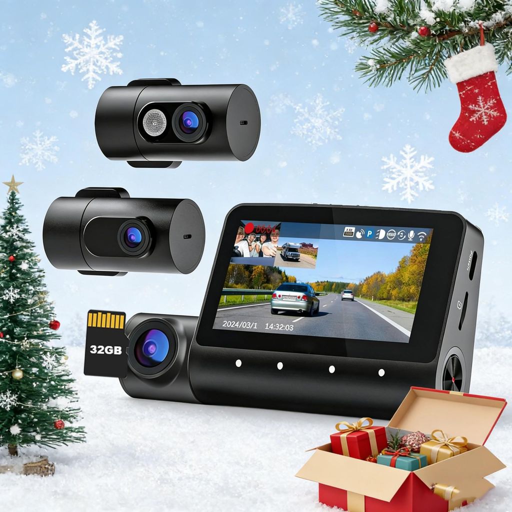 3 Kanal Dashcam Auto Vorne Hinten Innen,4K+1080P+1080P, 5.2GHz WiFi Autokamera,3" IPS-Bildschirm,Nachtsicht, WDR,G-Sensor, Loop-Aufnahme