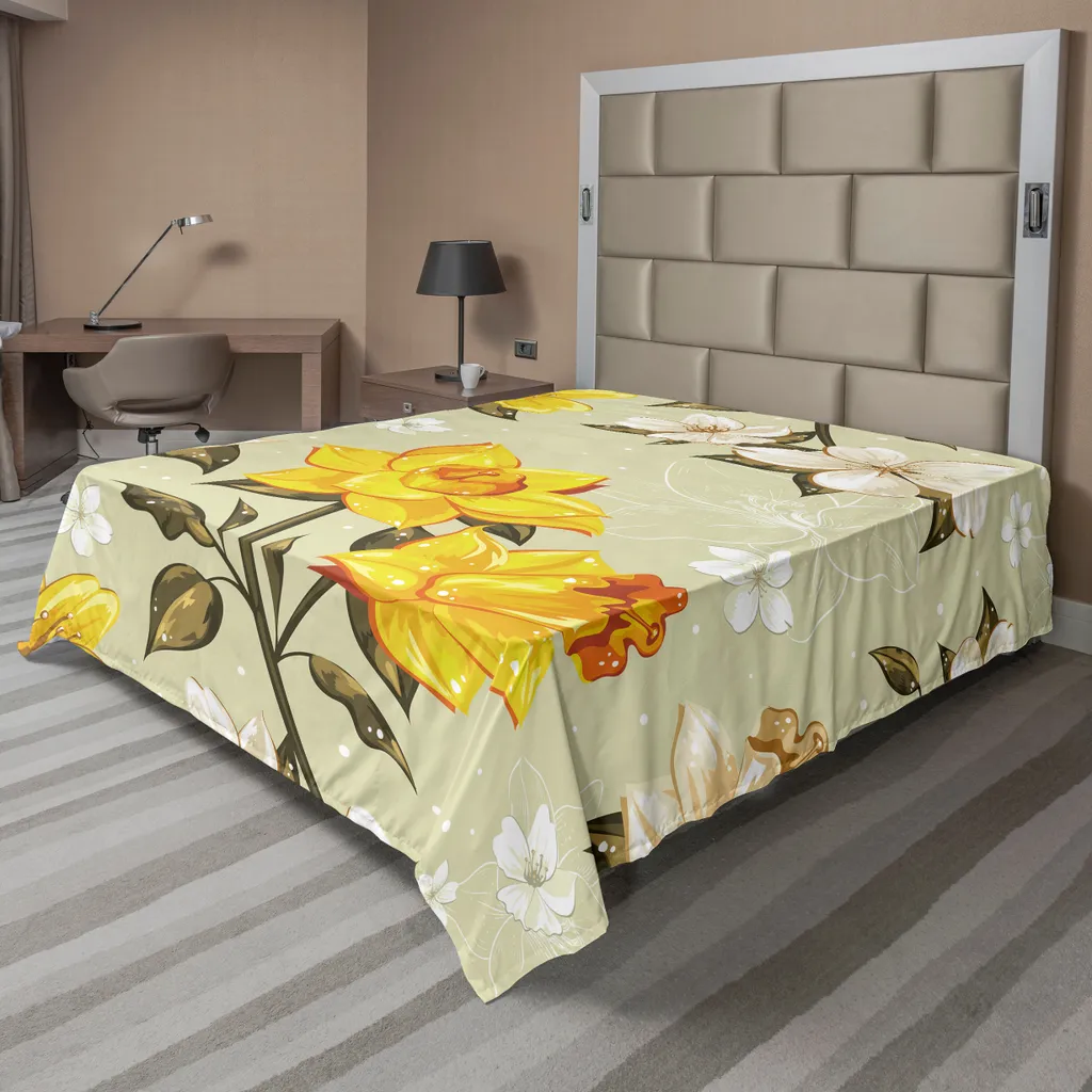 Drap de lit ABAKUHAUS à fleurs jonquilles 266x260 cm Jaune Kaki Crème