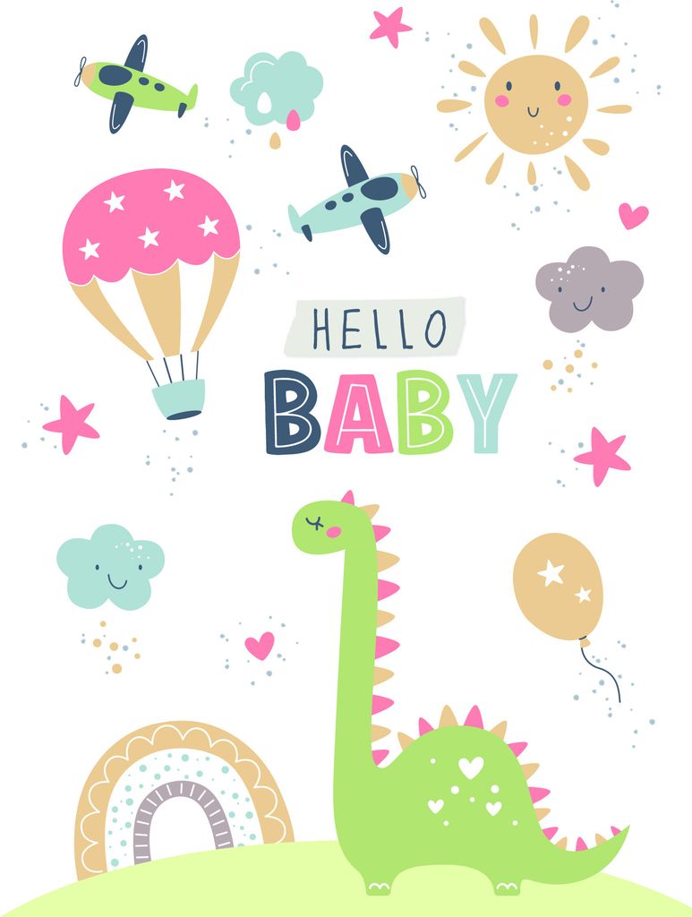 Geburt Baby Freudiges Ereignis Karte mit Briefumschlag Dinosaurier, Heißluftballon, Flugzeuge, Sonne, Wolken, Sterne