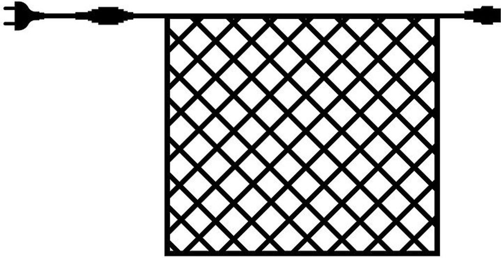 A black electrical cord with a plug is attached to the top of a black diamond-patterned net.