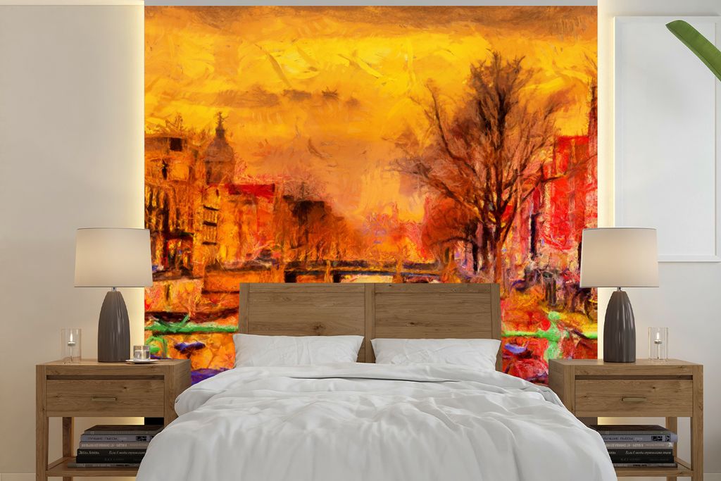 MuchoWow Fototapete für Wohnzimmer oder Schlafzimmer Wandtapete Vinyl Motivtapete Gemälde - Fahrrad - Amsterdam - Gracht - Öl - 240x240 cm - S...