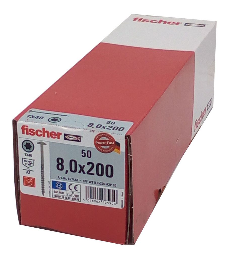 50x fischer Holzschraube 8,0x200 Edelstahl A2 TX Tellerkopf Teilgewinde Schraube