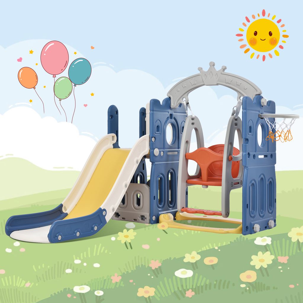 CDGlobal Kinderrutsche Rutsche Gartenrutsche, 5 in1 multifunktionale Rutsche Kinder mit Basketballständer, Kletterleiter, Schaukel für In- und Ou...