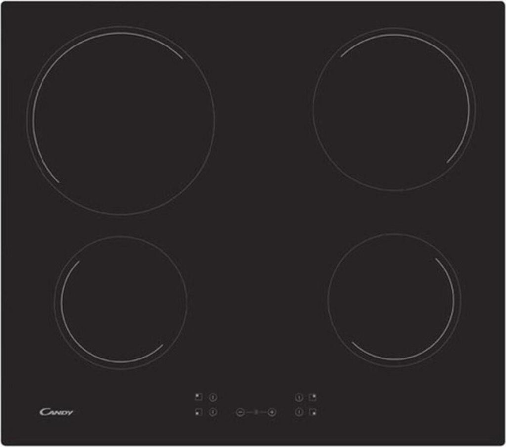 A top-down view of a black induction hob with four cooking zones and control buttons at the bottom.
