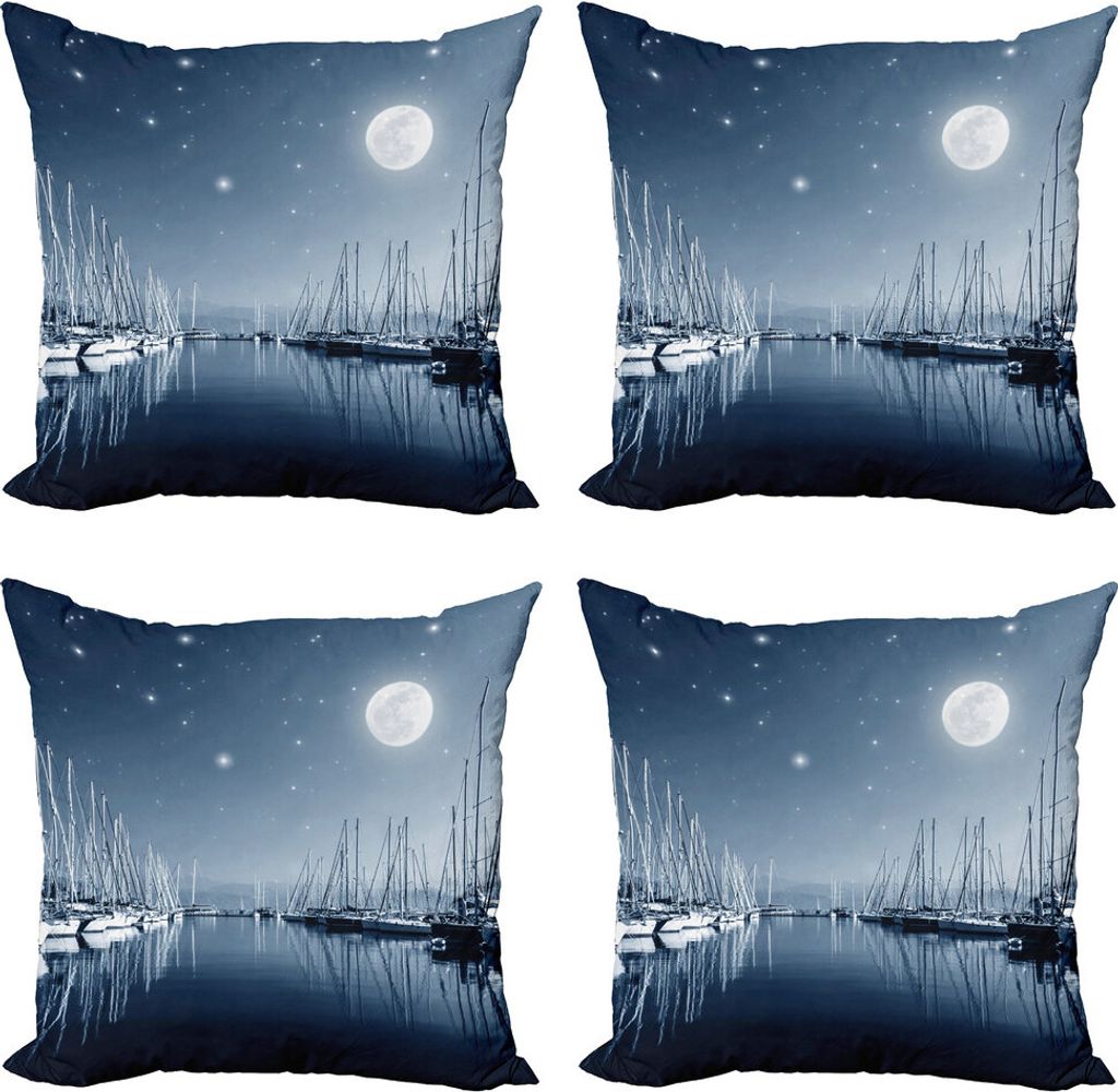 ABAKUHAUS Boote Kissenbezug Set (4 Stück), Beruhigen Marina in der Nacht Mond, Moderner Doppelseitiger Digitaldruck, 50 cm x 50 cm, Slate Blau Weiß