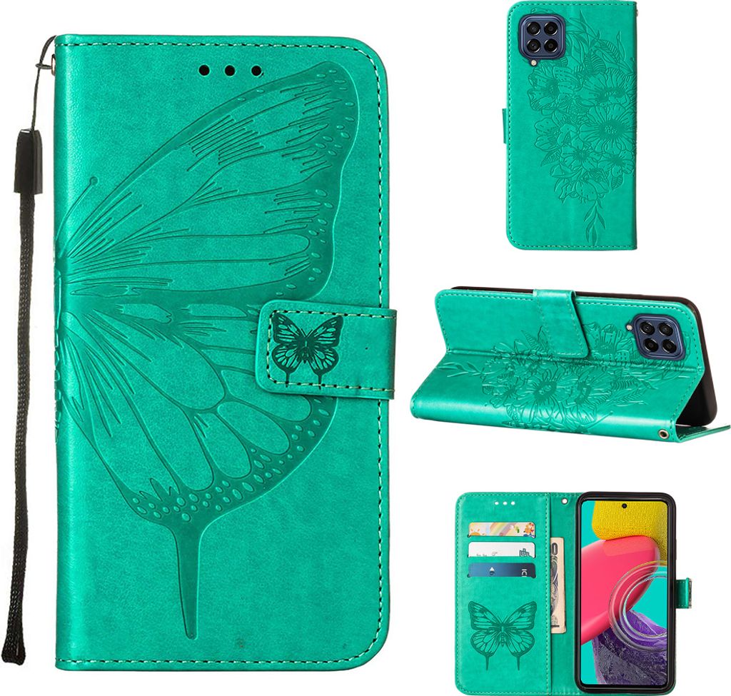 Galaxy M53 5G Hülle, Schmetterling Prägung Flip Leder Kartenfächer Schutzhülle Ledertasche mit Ständer für Samsung Galaxy M53 5G Grün
