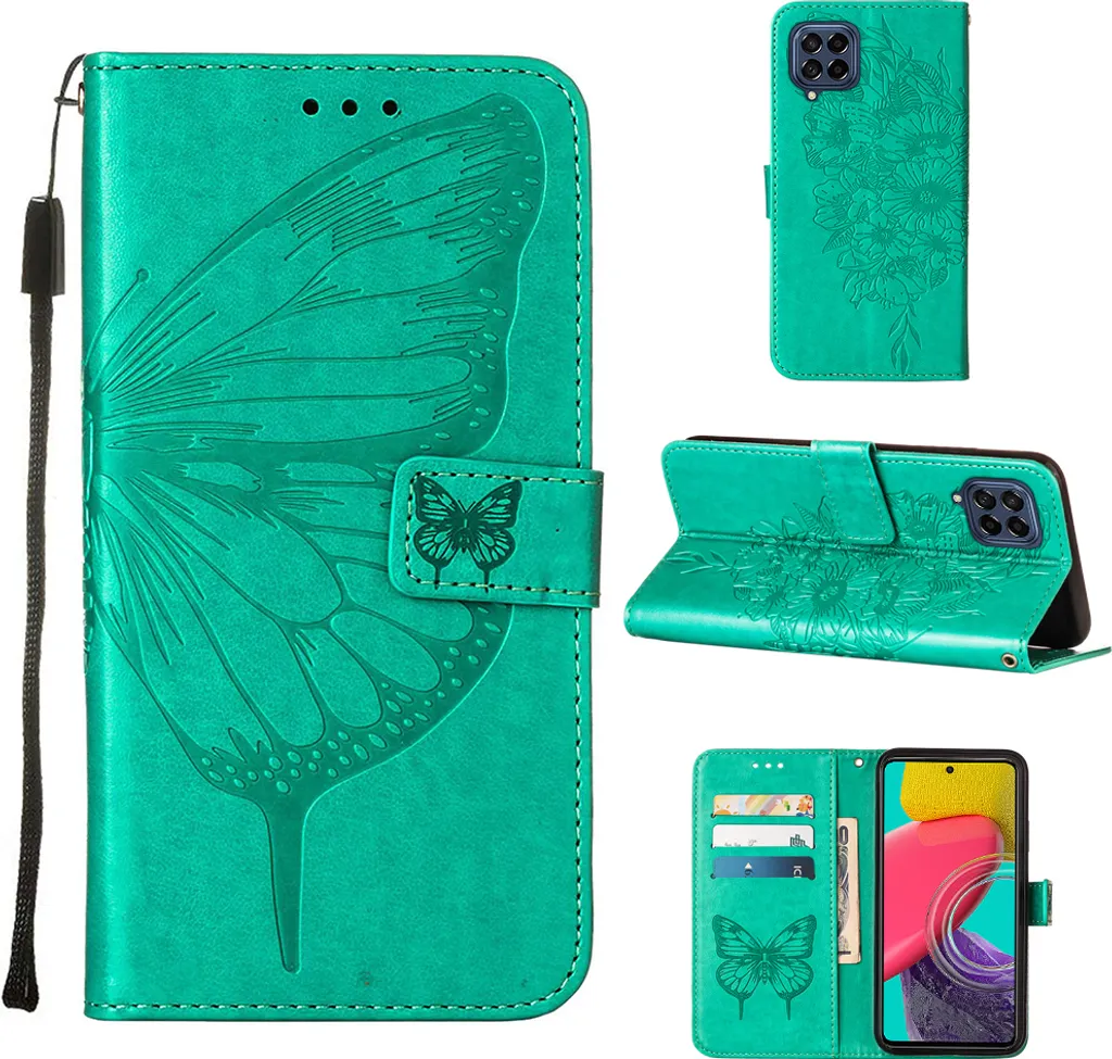 Galaxy M33 5G Case, Butterfly Relief Flip Custodia in pelle con slot per schede e supporto per Samsung Galaxy M33 5G verde
