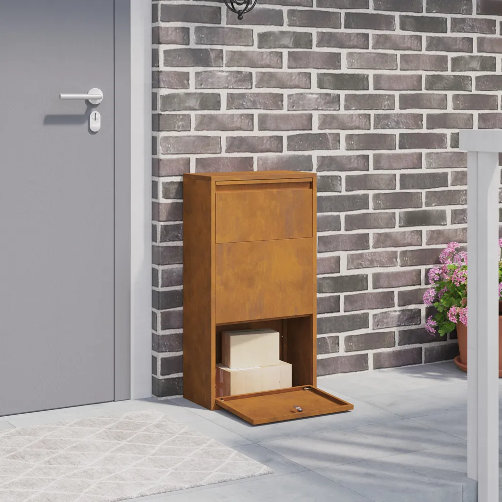 Boîte à colis sur pied en acier rouillé 44 x 22 x 82 cm pour extérieur