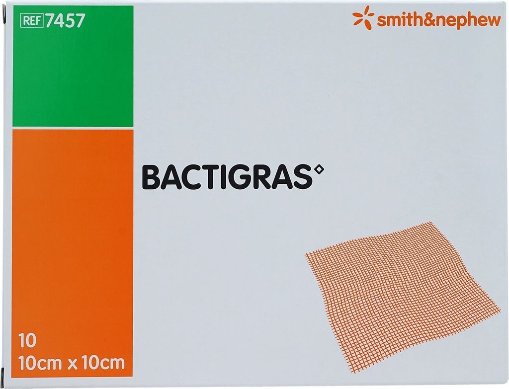 The image shows the packaging of Bactigras antiseptic paraffin gauze.