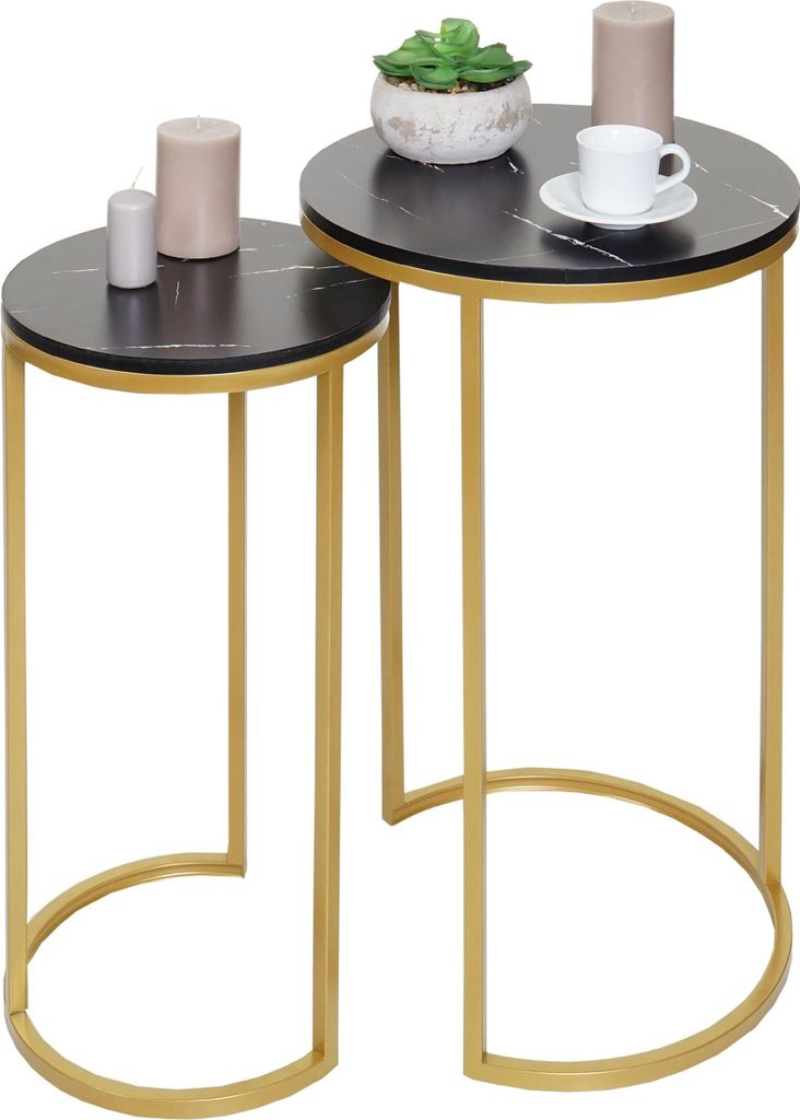 2er-Set Beistelltisch MCW-K46, Kaffeetisch Nachttisch Loungetisch, Marmor-Optik MDF schwarz-gold