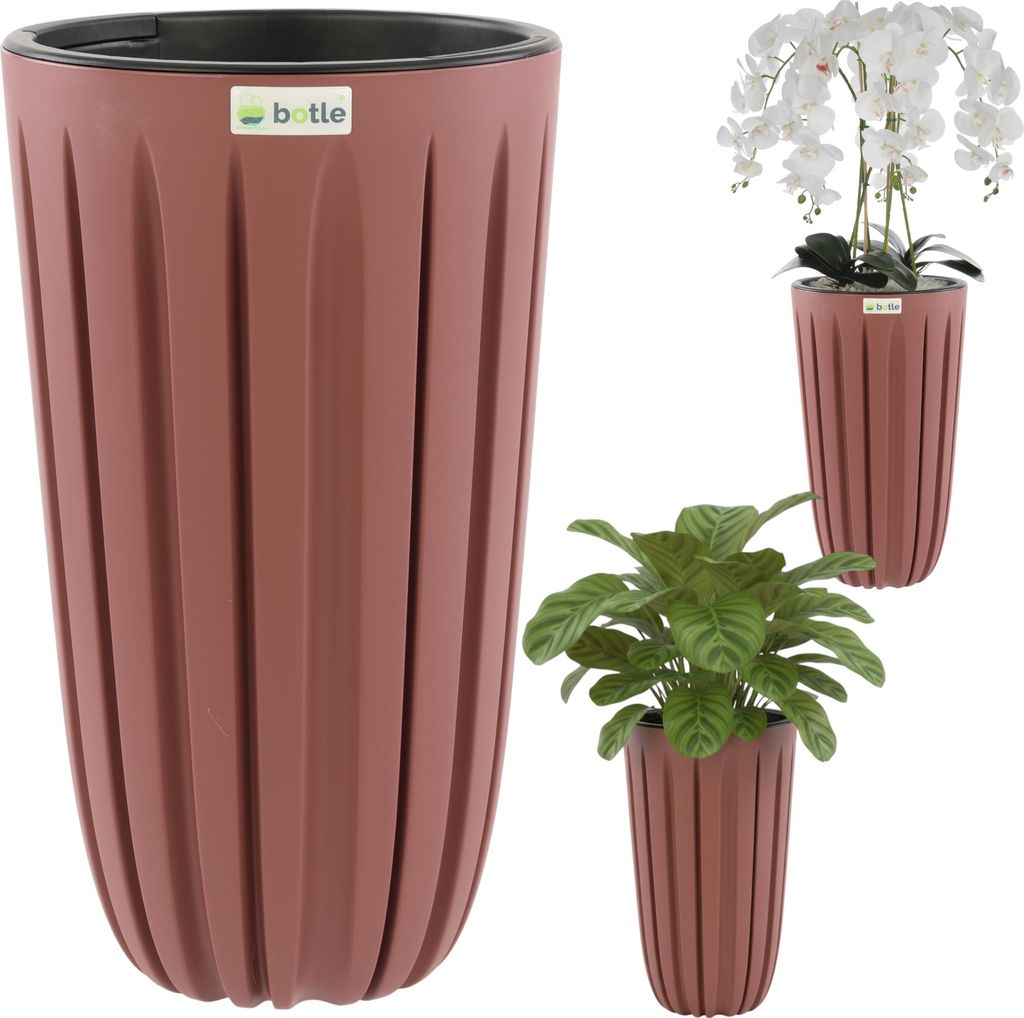 Blumentopf Blumenübertopf Blumenkübel mit Einsatz, Farbe Rosa, Runde Ø 29 cm, H 50 cm schöne, stylische Rillen, Oberfläche Matt Kunststoff Mod...