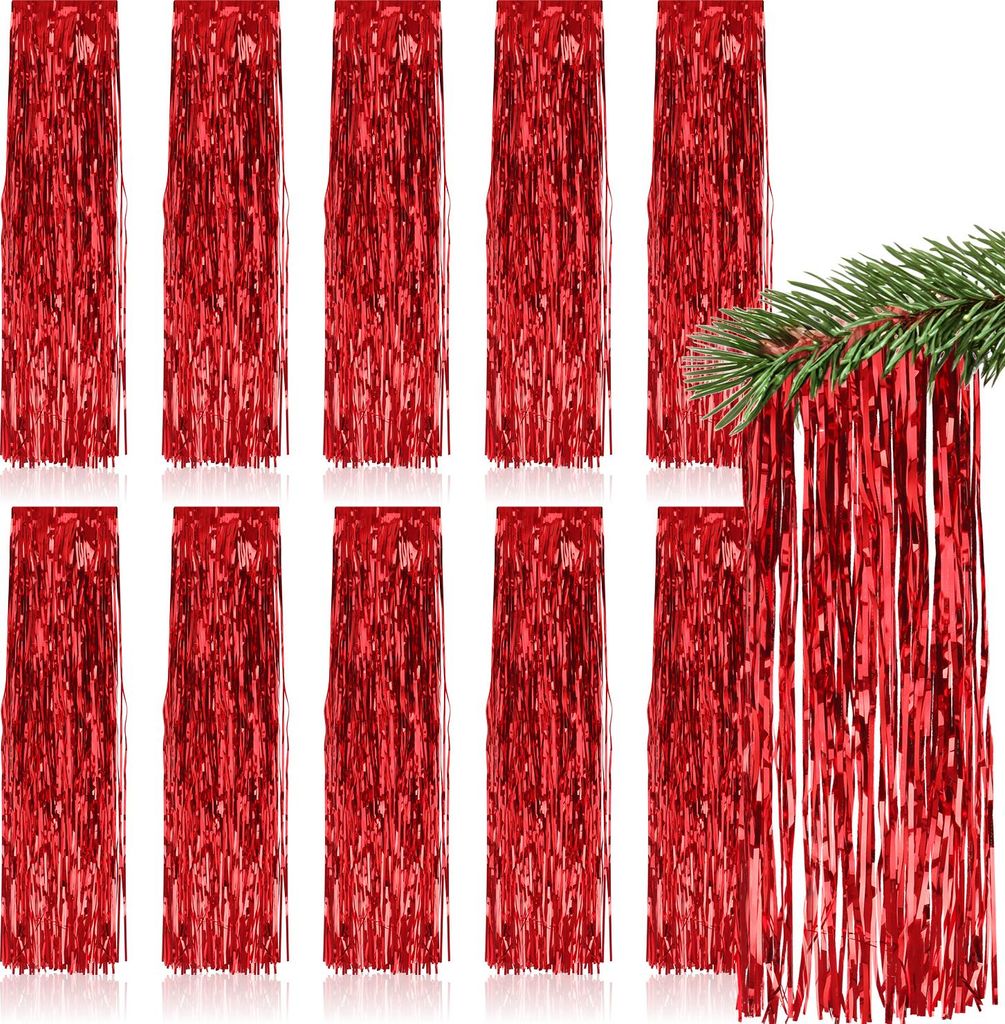 com-four 10x Lametta - rote Lametta Girlande für Weihnachten - Christbaumschmuck für den Tannenbaum - Lametta-Vorhang mit glatten Fäden