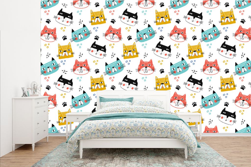 MuchoWow Fototapete für Wohnzimmer oder Schlafzimmer Wandtapete Vinyl Motivtapete Jungen - Muster - Katzen - 385x240 cm - Schlafzimmer-Tapete