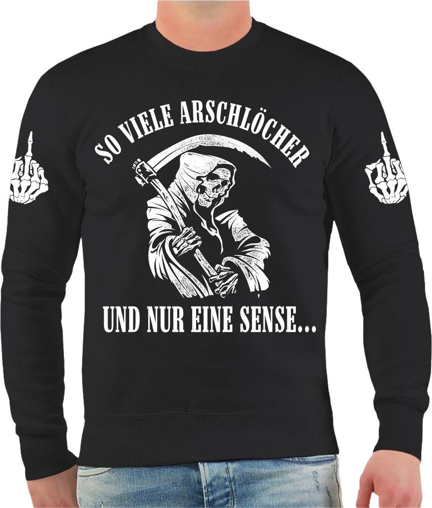 Herren Sweatshirt Totenköpfe Skull Motiv mit Sense Stinkefinger Spruch