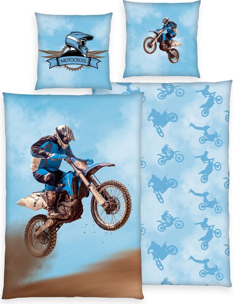 A collage of motocross-themed bedding items, featuring a large image of a motocross rider mid-air, a pillow with a motocross helmet graphic, and a smaller pillow with a motocross rider graphic. A patterned fabric is also visible.