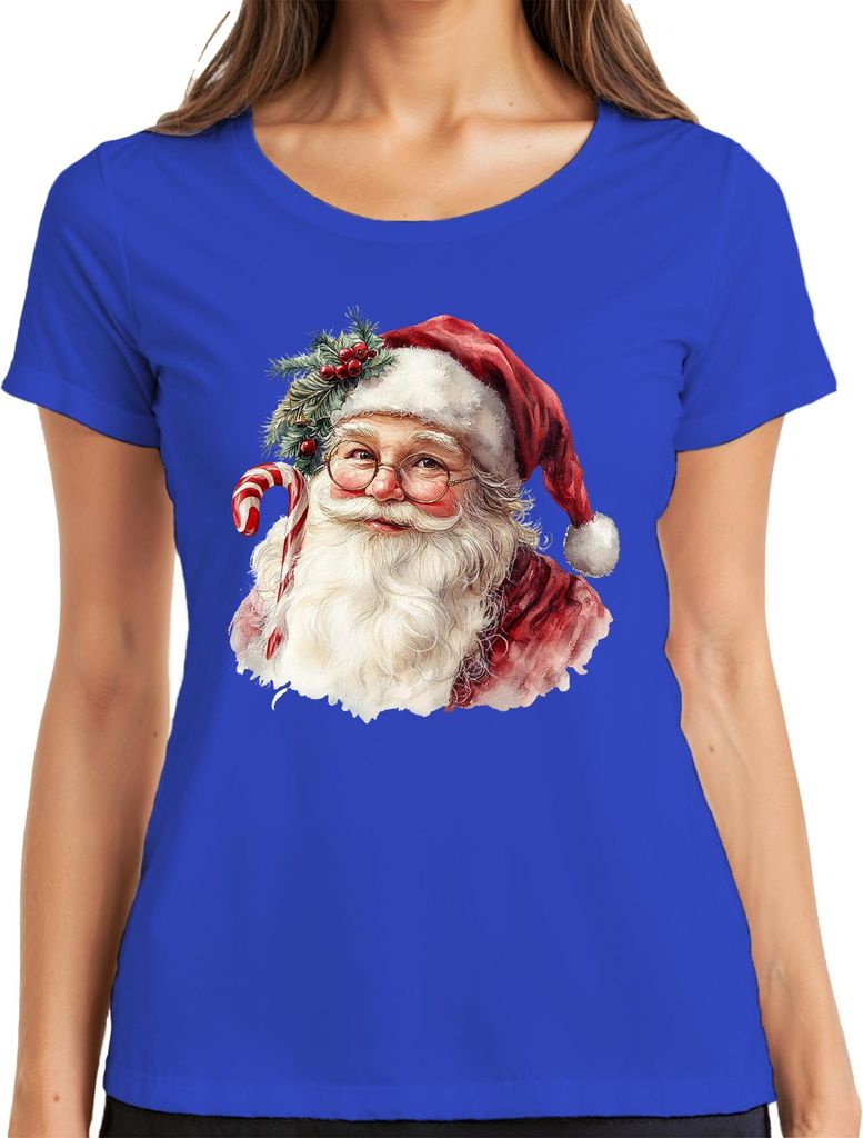 Weihnachtsmann Zuckerstange Bart Brille Aquarell Weihnachten Damen T-Shirt, Blau, XL