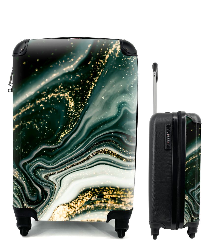 MuchoWow Koffer Handgepäck Trolley Rollkoffer Kleine Reisekoffer mit 4 Rollen - Marmoroptik - Gold - Grün - Glitter - Design - Marmor - Cabin S...