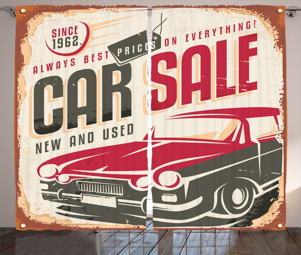 ABAKUHAUS Retro Rustikaler Gardine, Amerika-Auto Zeichen, Schlafzimmer Kräuselband Vorhang mit Schlaufen und Haken, 280 x 225 cm, Creme Grau Rot